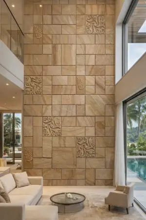 Modern Leaf Carving Sandstone Wall Cladding for Double Height Walls